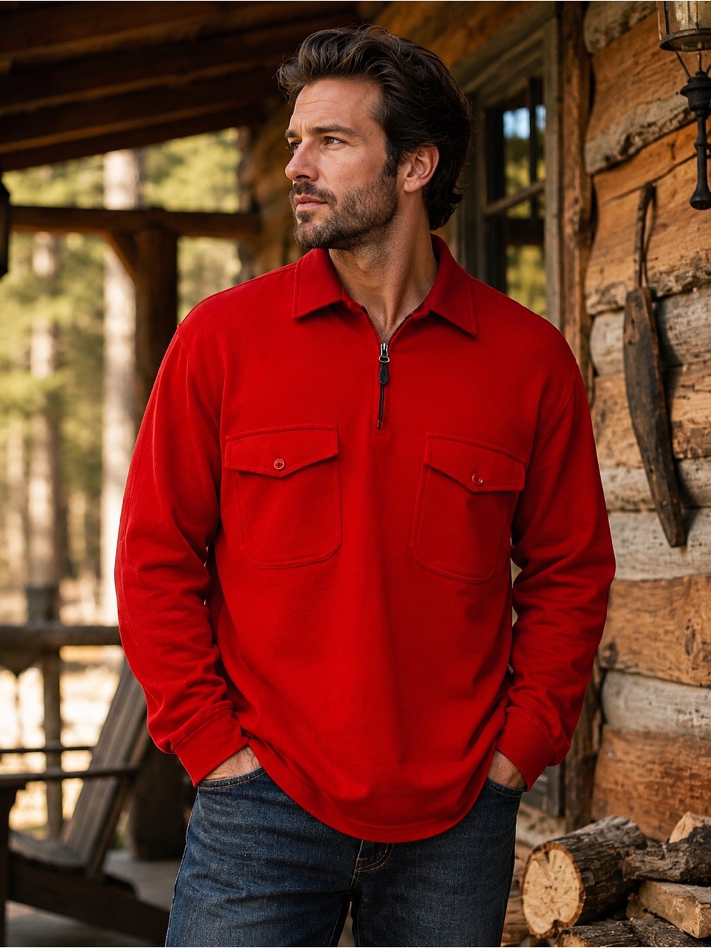 Lauren Ralph Lauren Red Quarter Zip Polo Fleece Lined Pullover Mens L